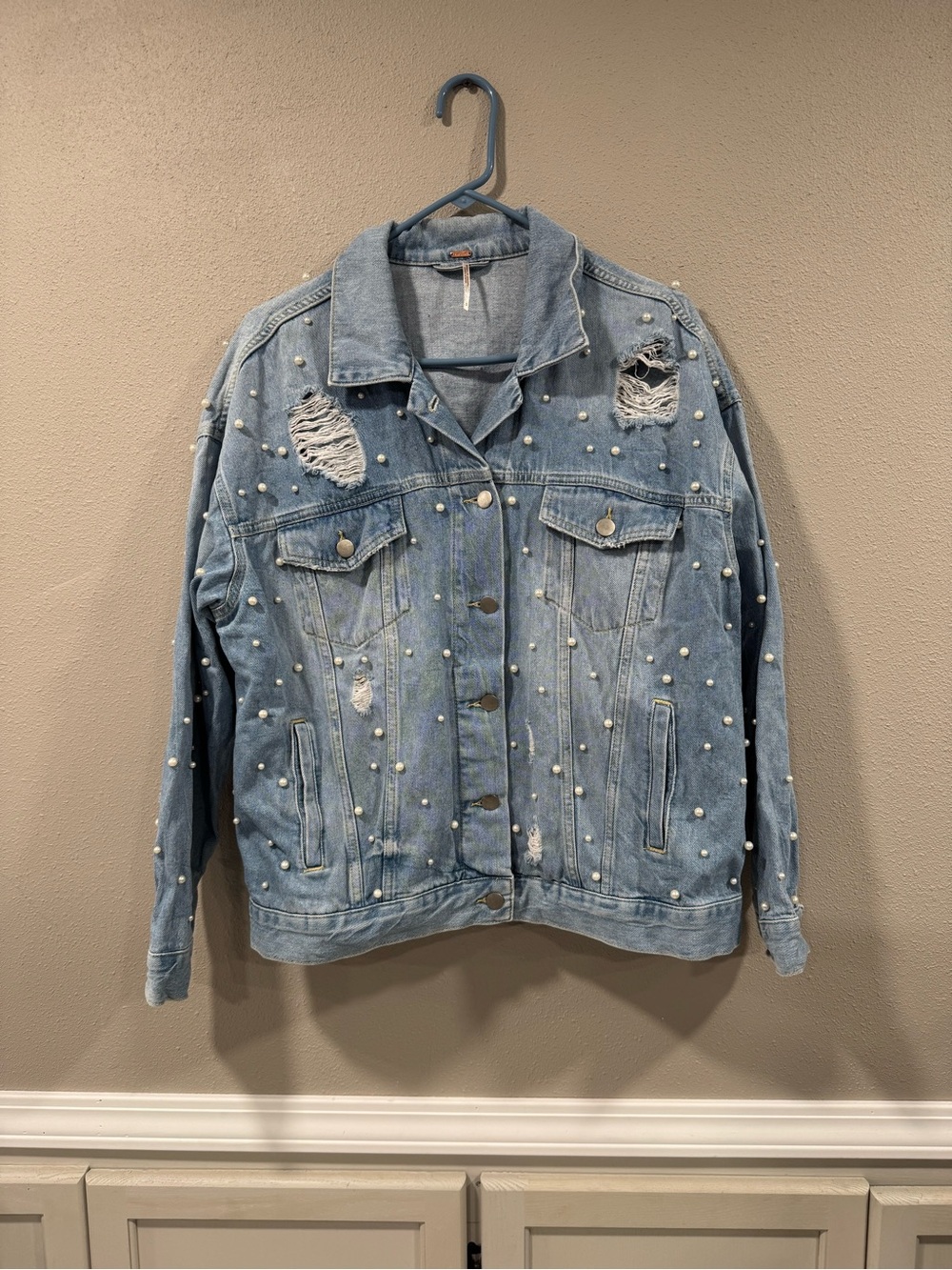 Free People Lazy Sunday Denim Jacket Pearl Distressed - Picture 4 of 6